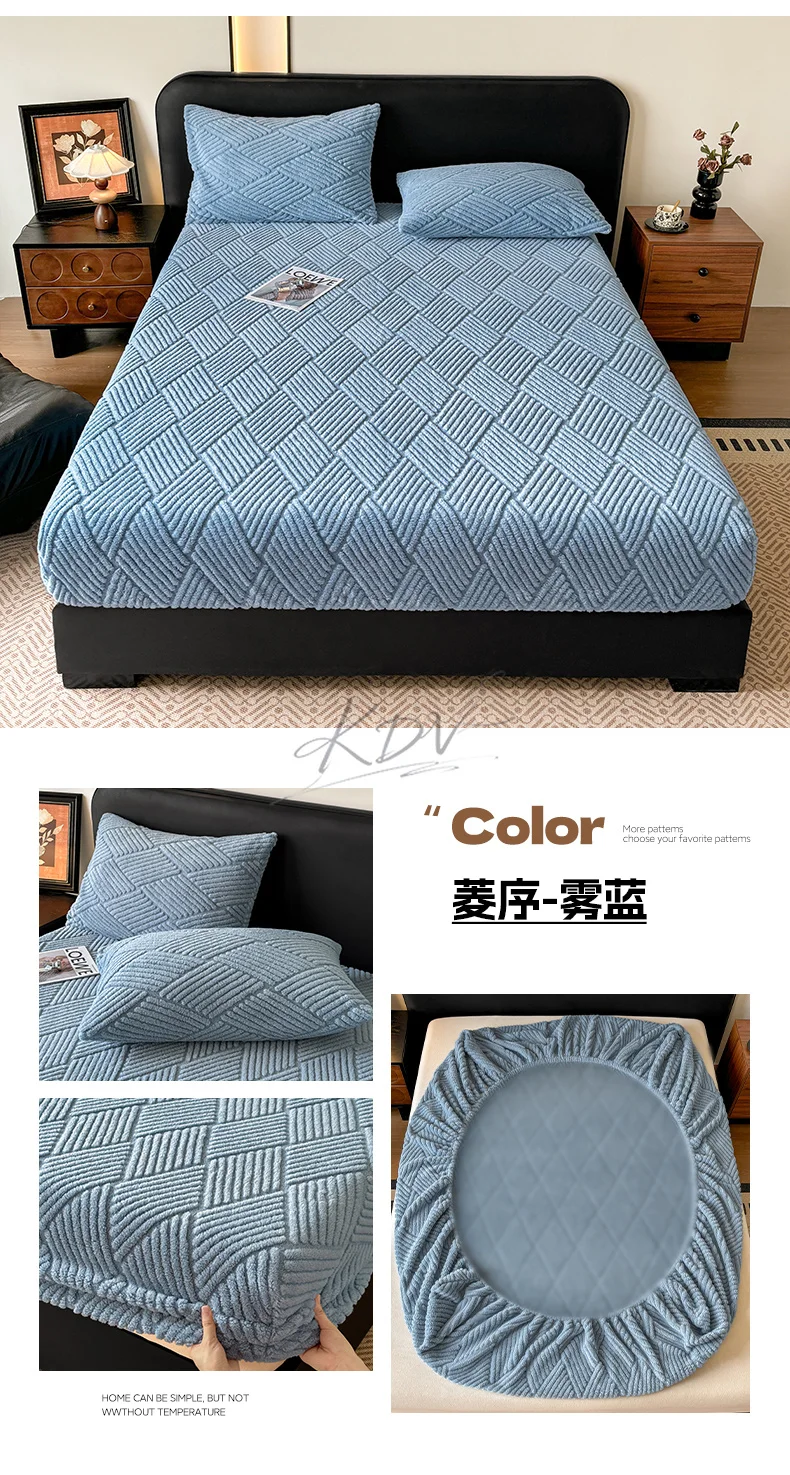 Geometric Jacquard Fleece Fitted Sheet Winter Thickened Warm Mattress Cover Solid Color Soft Plush Sheet for Single Double Bed
