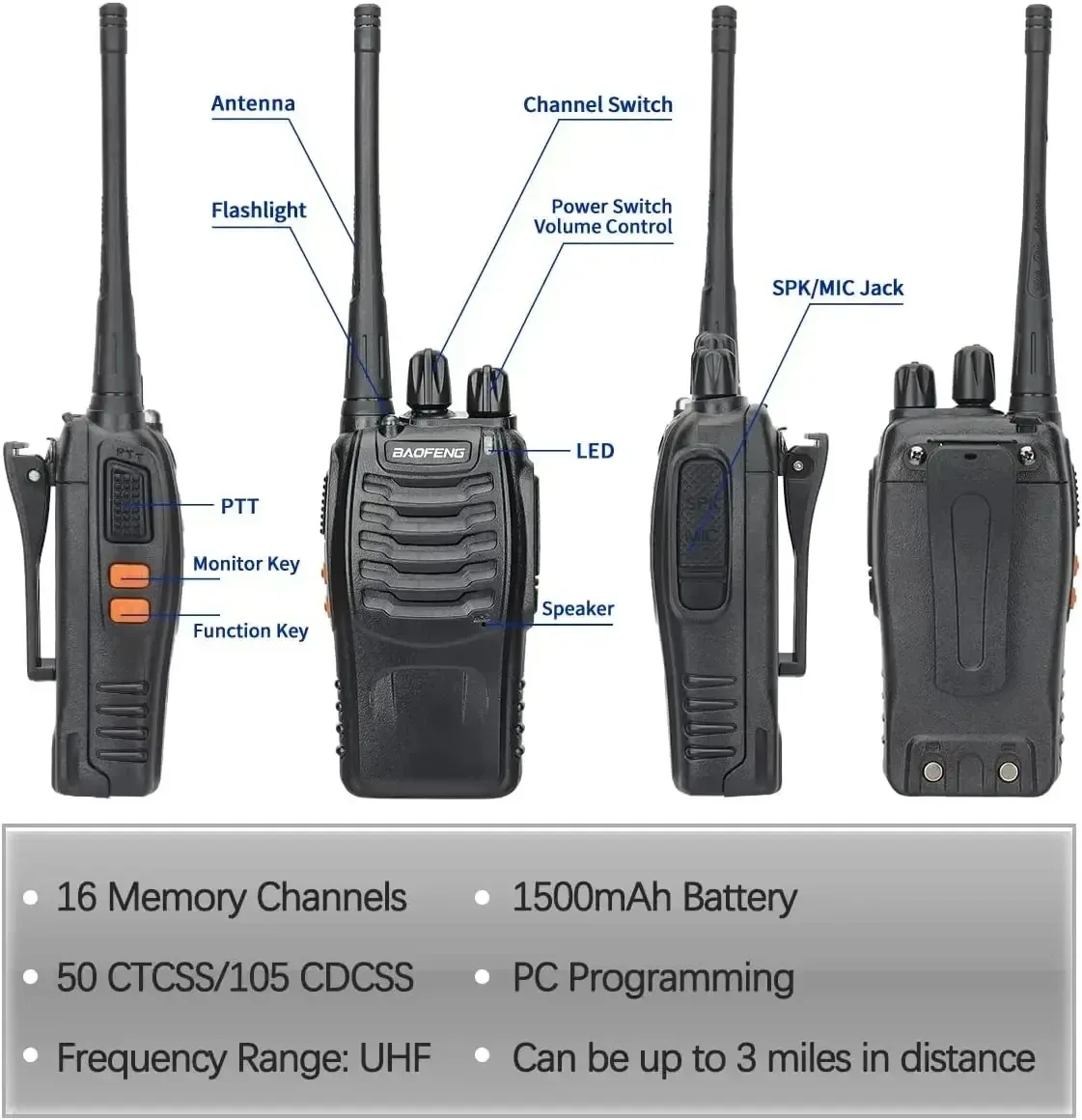 Baofeng 4Pcs BF 888S Walkie Talkie UHF 400 470MHz Long Range Two Way Ham Radios Transceiver for Hunting Hotel