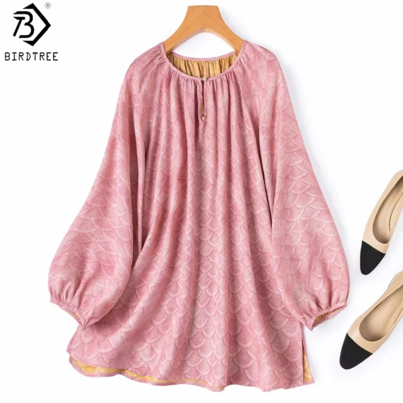 

Birdtree, 100% Real Silk Blouse, O-neck Lantern Sleeve Tops, Women Jacquard Breathable Loose Shirt, 2026 Spring New T63931JF