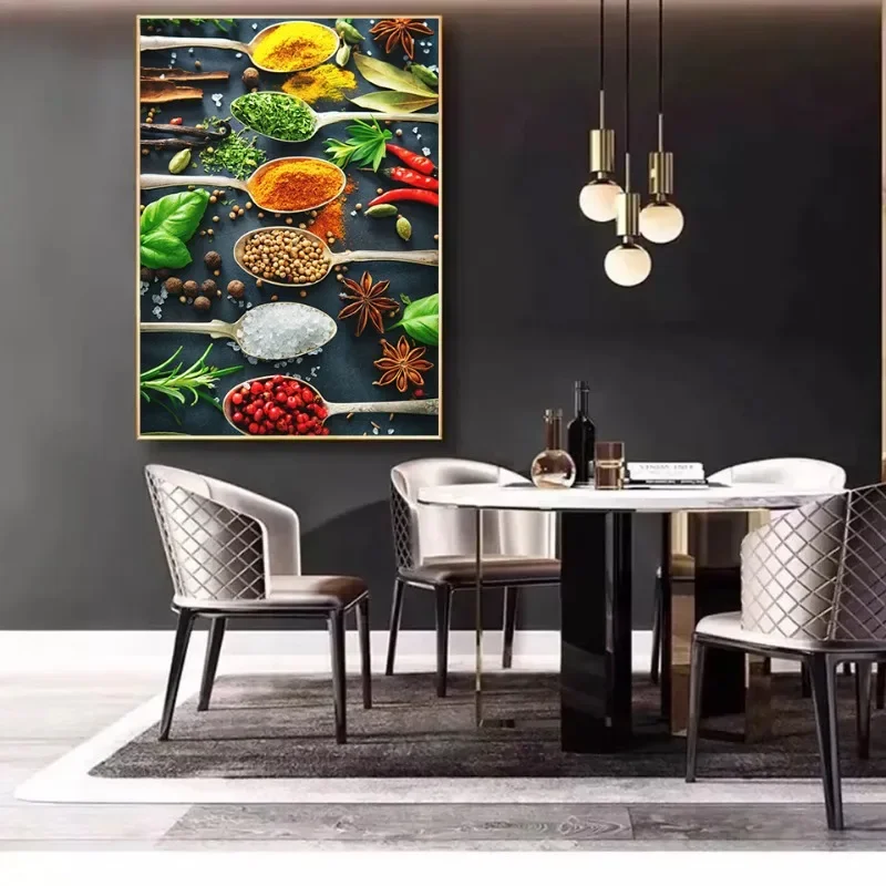 Modern Colorful Spices Chili Seasoning Spoon Posters and Prints Canvas Printing Wall Art Picture for Restaurant Kitchen Decor