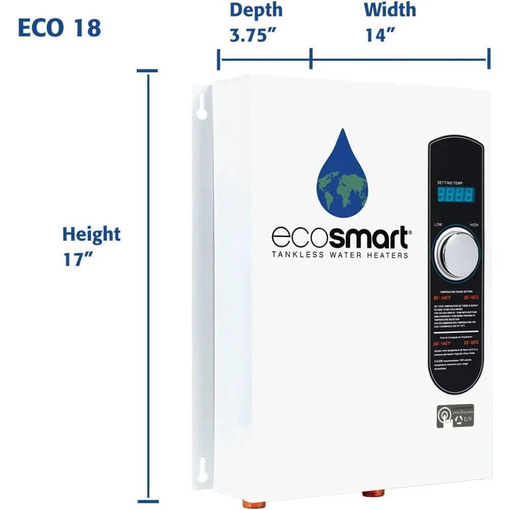 Aquecedor de água elétrico sem tanque, 18 kW a 240 Volts, com tecnologia patenteada de auto modulação, 17x14x3.5