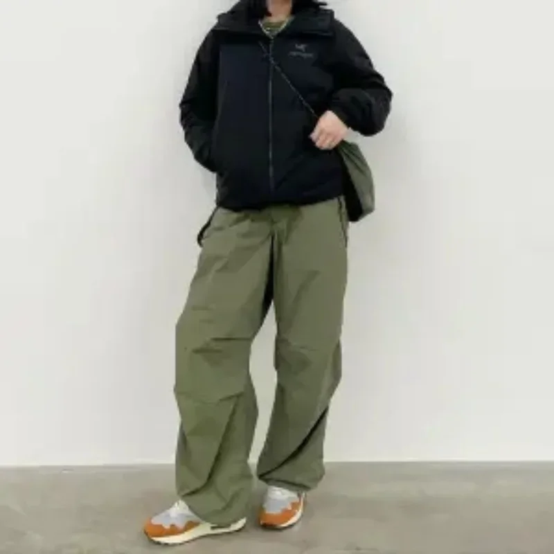 

Women Casual Wide Leg Cargo Pants Vintage Hippie Streetwear Baggy Trousers Low Waist Drawstring Joggers Tech Pants Solid Button