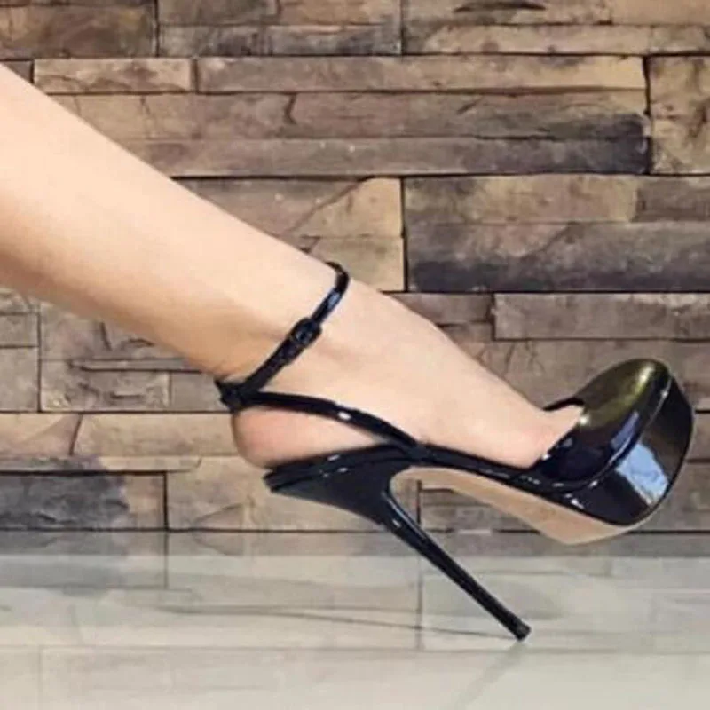 Woman Black Burgundy Shiny Leather Round Toe Shallow Super Thin Heels Ankle Buckle Strap Slingback Summer Platform Sandals Pumps