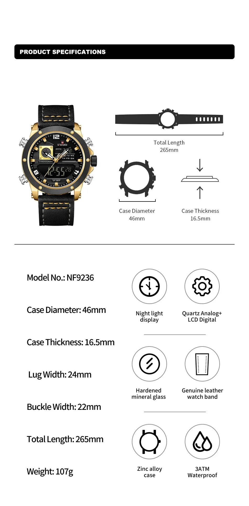 NAVIFORCE NF8051T Men Double Display Waterproof Sports Military Quartz Watch For Male Digital Wristwatch Style Clock