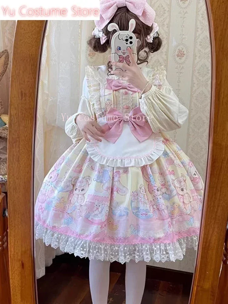

Yu Costume New Kawaii Lolita Ruffles Apron Camisole Dress Sweetheart Princess Cartoon Printing Bow Vitality Girly Loli Mini