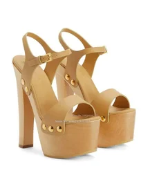 Featuring Beige Leather Wood Heeled Gold Tone Hardware High Heel Sandals Women Open Toe Thick Platform Heeled Summer Party Shoes