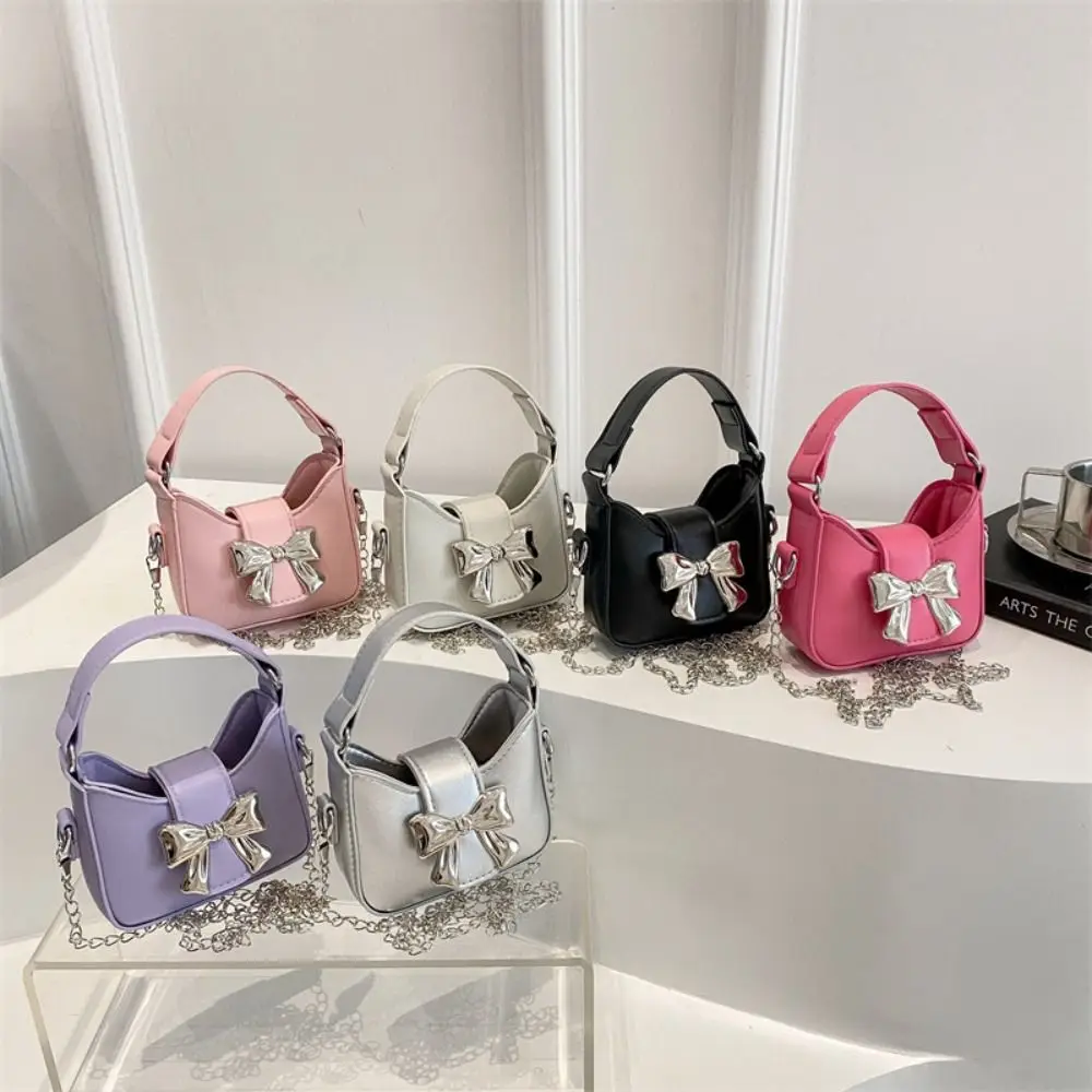 

Fashionable Pu Leather Bow Buckle PU Bag Mini Handbag Silver Bucket Bag Korean Style Crossbody Bag Women's Shoulder Bag Women