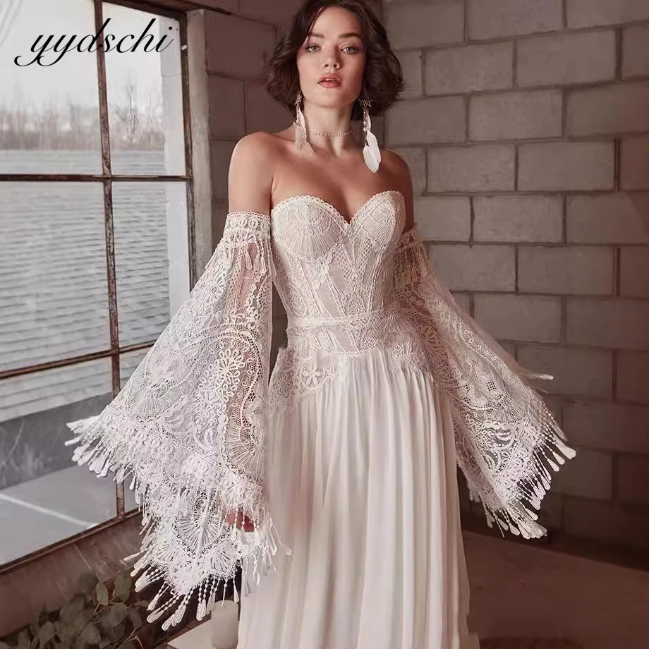 

Customized Boho Tassle Sweetheart Bridal Gowns 2025 New Sweep Train Wedding Dresses Lace Strapless Cut-out Vestidos De Novia