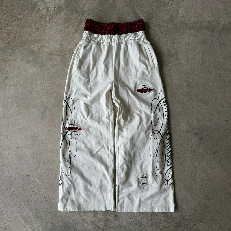 Y2k الفهد الأحمر Sweatpants العصرية مزدوجة الخصر تسجيل الرجال النساء بنطال ذو قصة أرجل واسعة شارع العليا الهيب هوب الشارع الشهير السراويل الرياضية غير رسمية #4