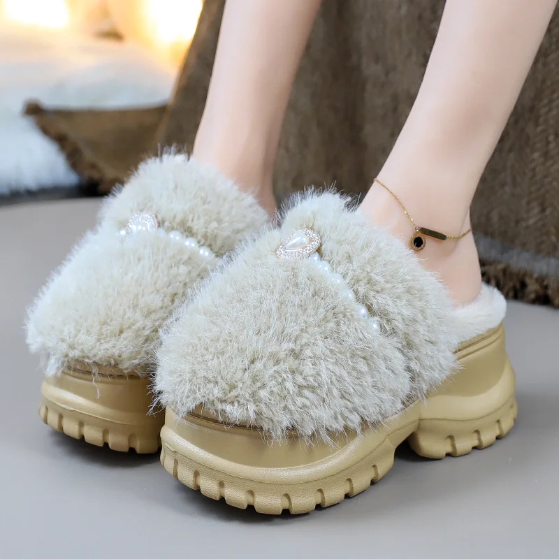 

New 7cm platform high heel slippers women winter warm fluffy mules woman designer pearls furry slipper elevator shoes pantuflas