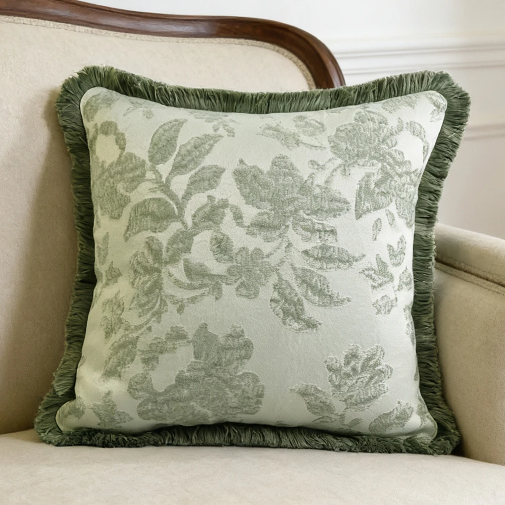 American Floral Chenille Jacquard Woven Pillow Case 45x45cm Fringe Soft Heavy Warm Sofa Cushion Cover Light Green 1 Pc Set