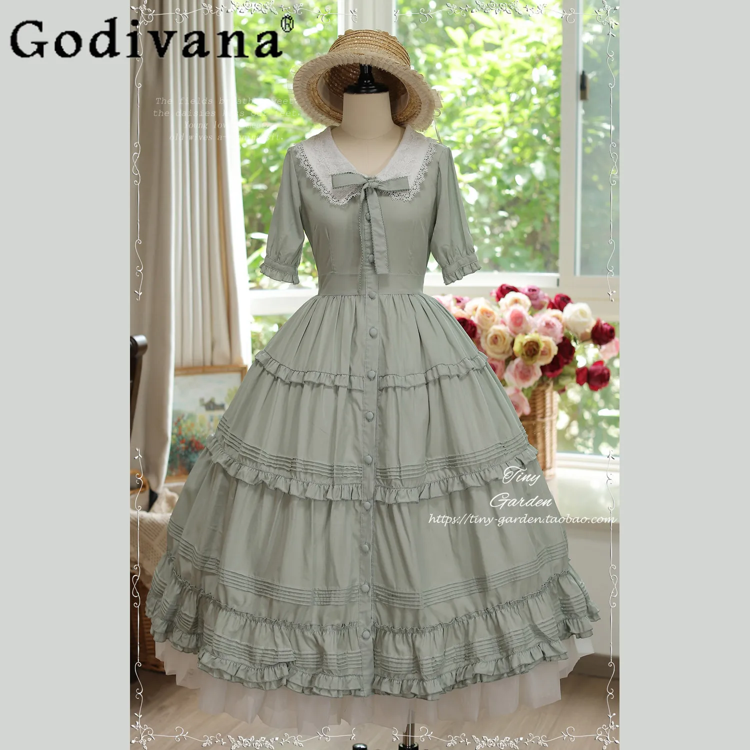 

French Elegant Girl Style Lace Collar Lolita Short-sleeved OP Dress Spring Summer New High-waisted Versatile Dress for Women