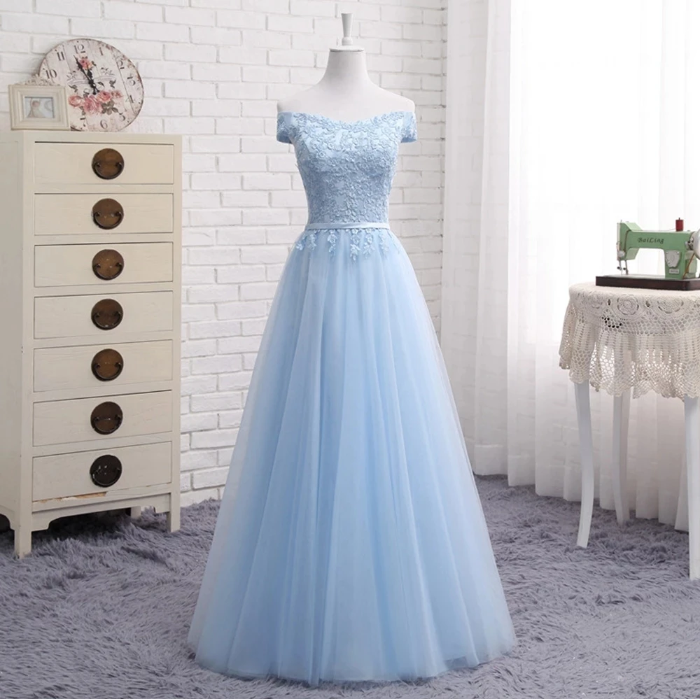 

Angelsbridep Sky Blue Appliques Prom Bridesmaid Dresses Girls Long Style Free Party Robes De Soirée Plus Size Customize