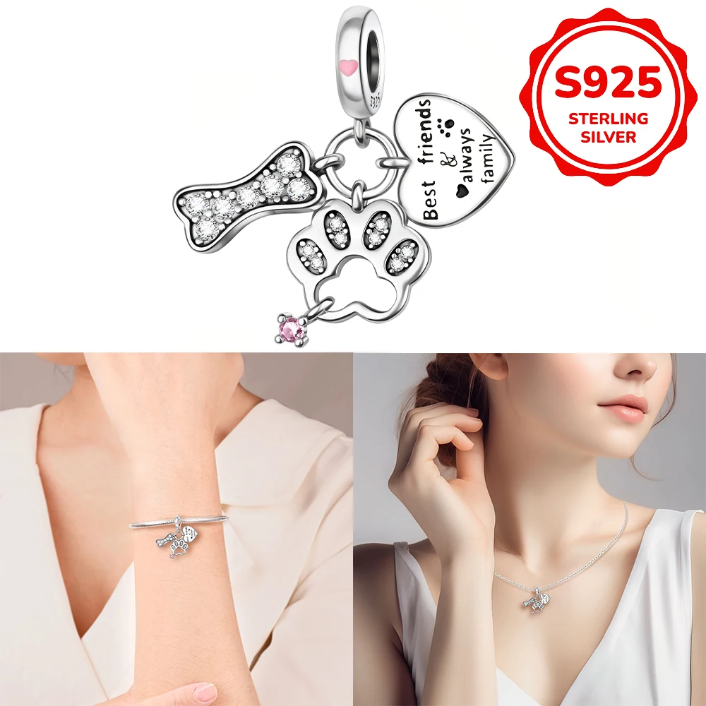 925 Sterling Silver Heart-Shaped Claw Print Bone Pendant Suitable for Original Bracelet, Men's and Women's DIY Jewelry Gift