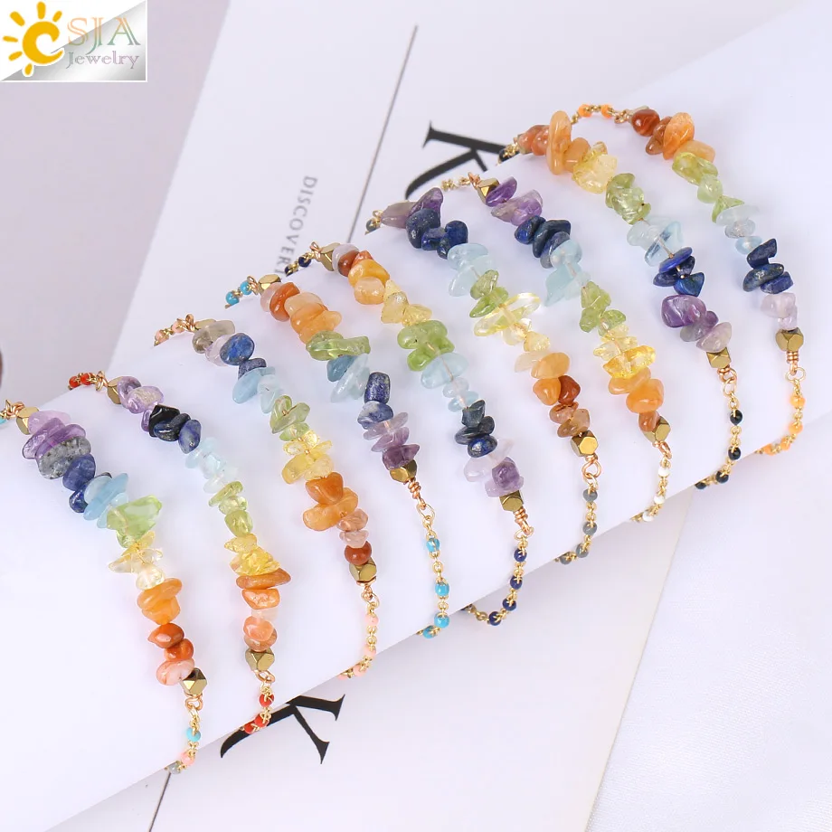 CSJA 7 Chakra Natural Stone Crystal Bracelet for Women Stainless Steel Link Chain Amethysts Chip Crystal Bracelets Jewelry H016