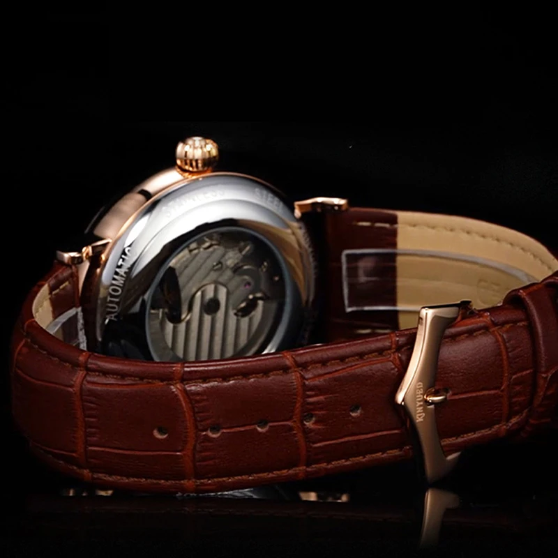 KINYUED orologio meccanico di marca da uomo moda classico scheletro orologi da uomo cinturino in pelle orologio da polso automatico impermeabile orologio maschile