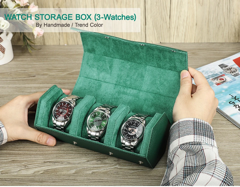Hochwertige grüne Uhr Roll gehäuse Echt leder Uhr Reise tragbare Schmuck Aufbewahrung sbox Anti Drop wasserdichtes Saffiano Leder – Detail 5