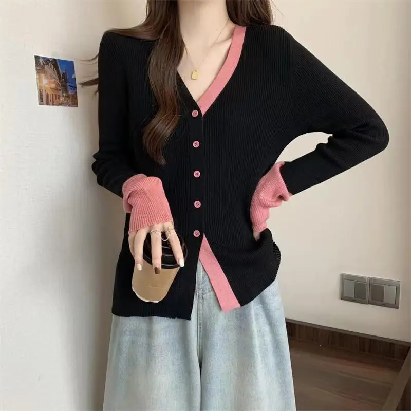 Autumn Knit Cardigan Girl Patchwork Long Sleeve Sweater Shirts Woman Contrast Color Knitted Tops Elegant Sweet Slim Chic Top New