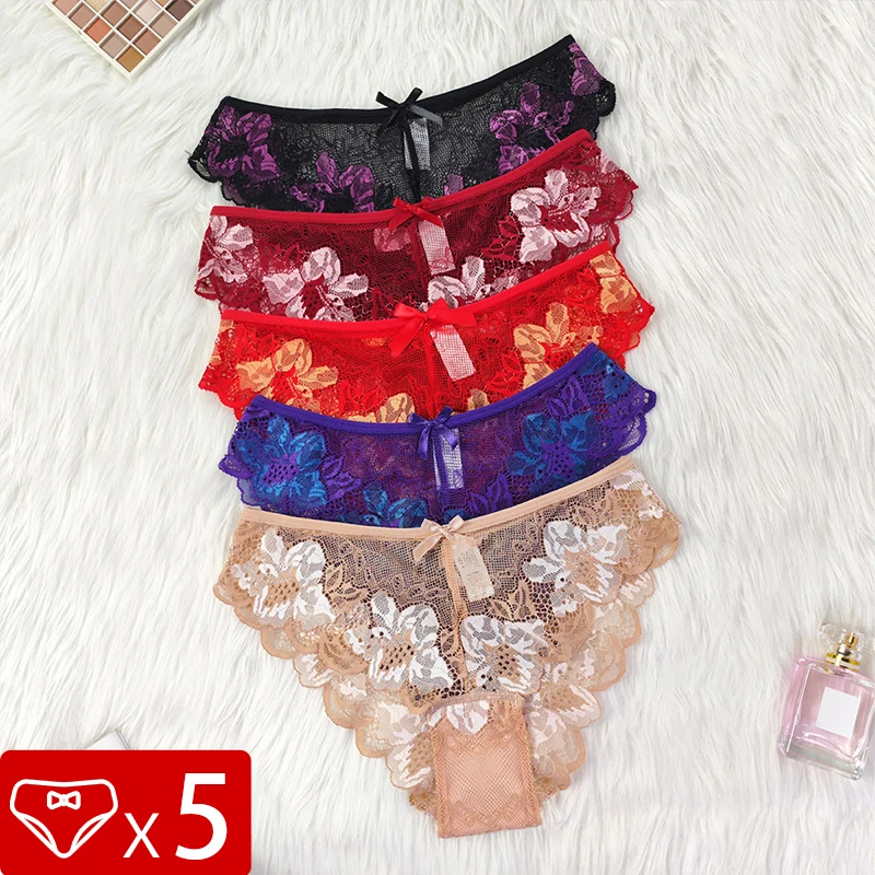 5pcs Lace Sexy Women Panties Mid Waist Perspective Floral Ladies Briefs Breathable Comfortable Female Underwear