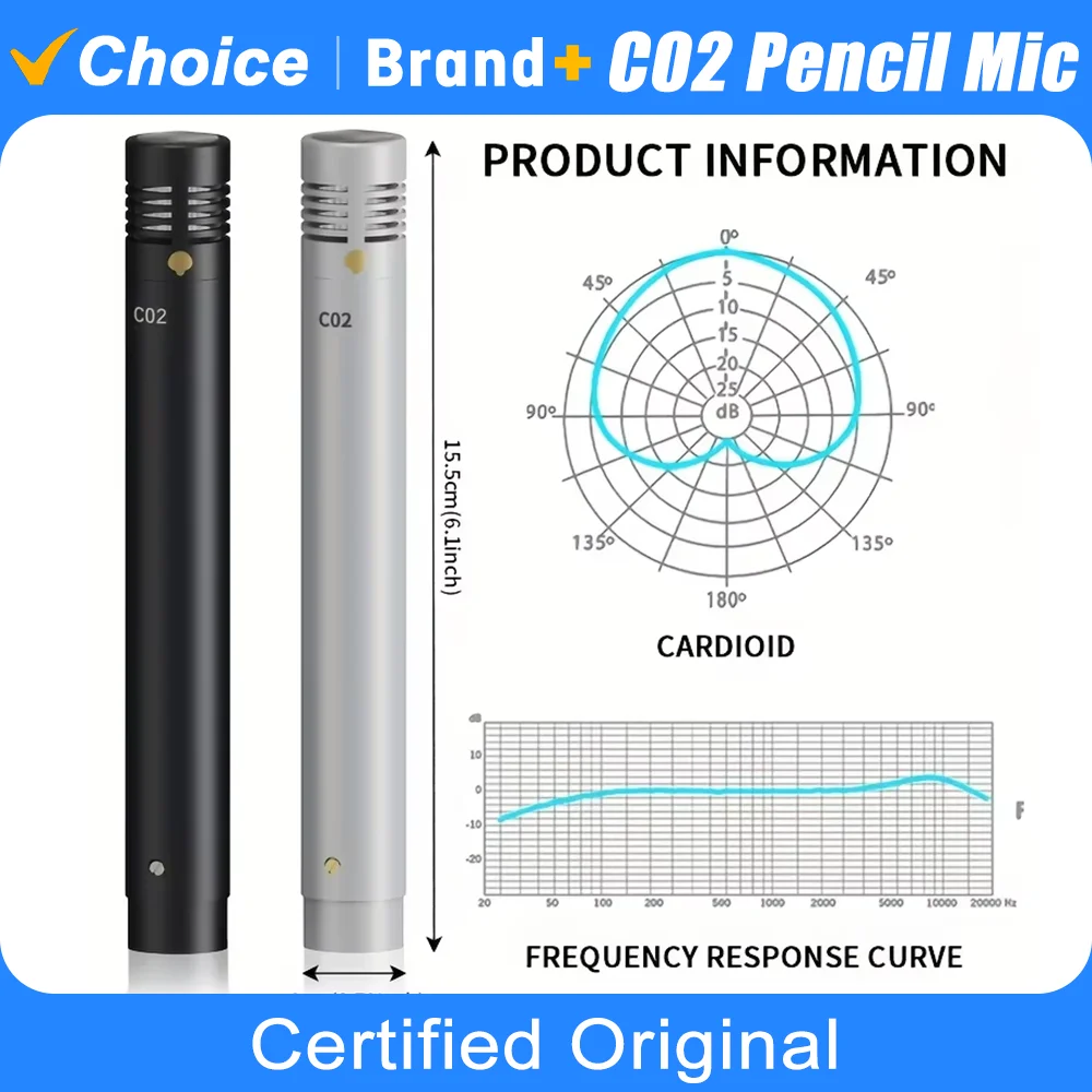 Microfone Profissional de Condensador de Metal C02 com Diafragma Pequeno para Gravação de Instrumentos, com Clipe e Protetor de Vento para Bateria e Piano