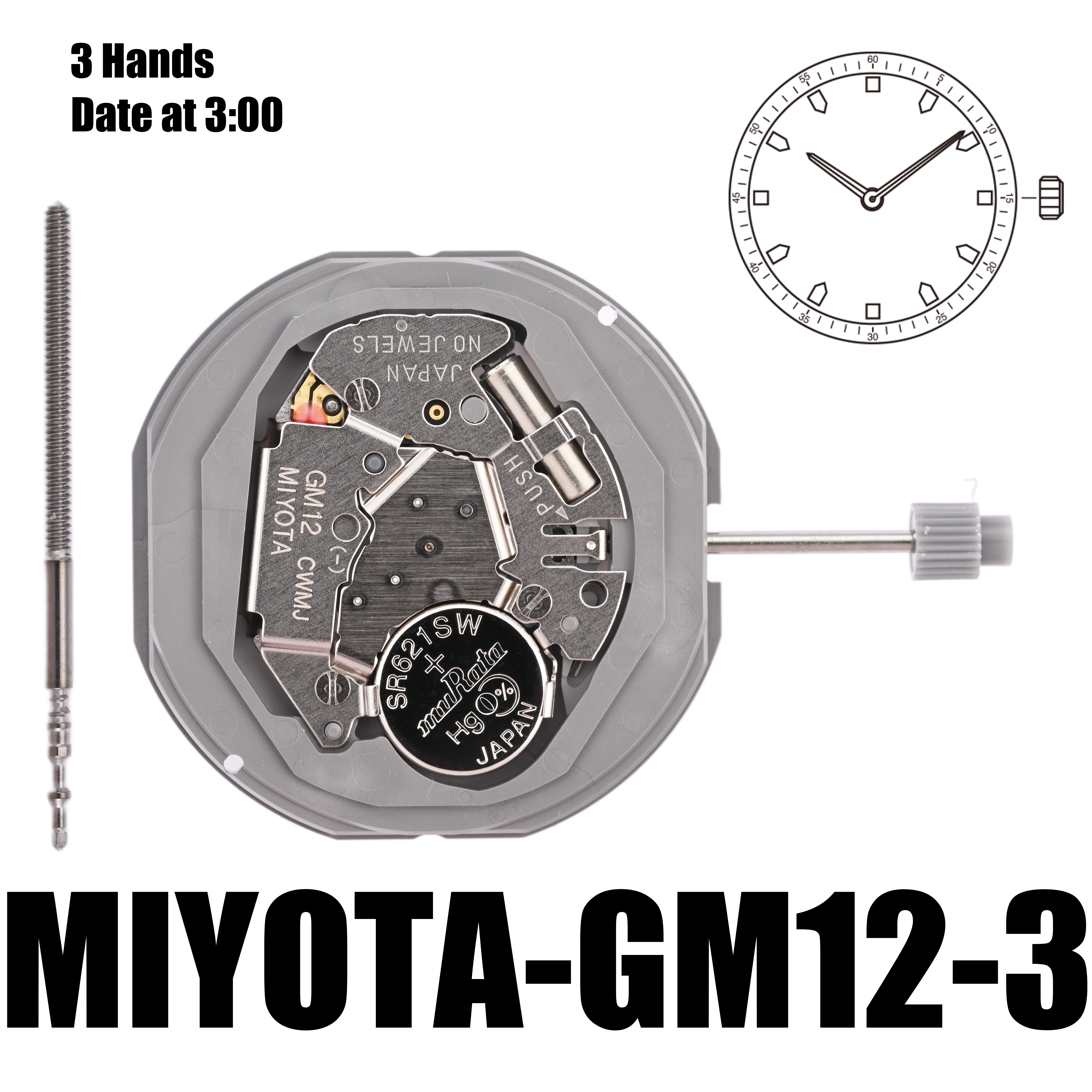 Japan GM12 Movement  GM12-3 Movement 3 Hand Quartz Watch Movement GM12 Date At 3:00 Replaces 1M12 And GM10 Overall Height 4.2mm