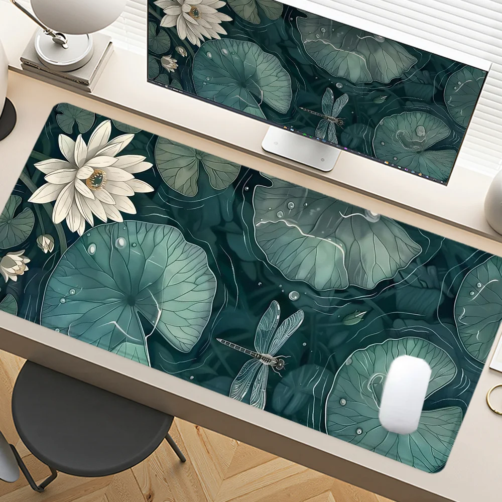 Lotus Leaves Mouse Pad Art Design Large Desk Accessories Desk Pad Rubber Base with Stitched Edge Mousepad Non-Slip Deskpad