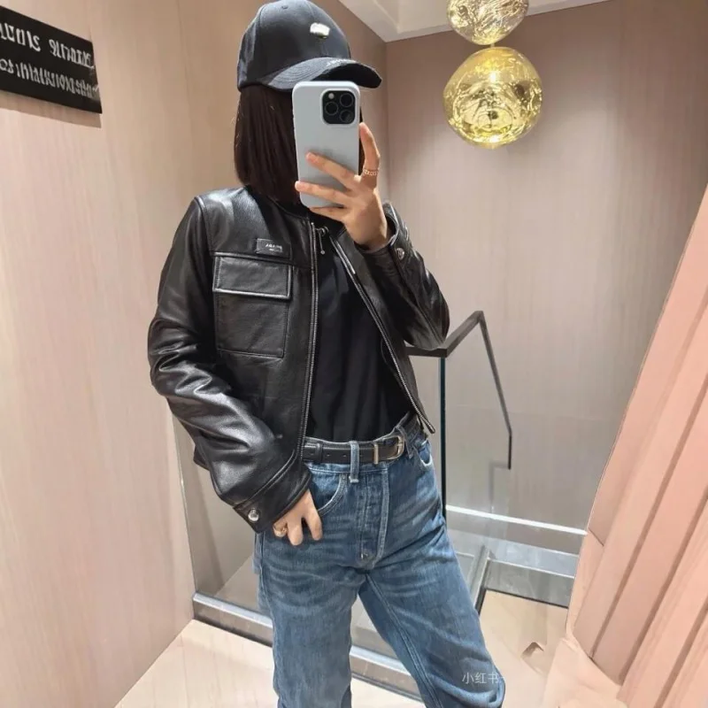 

PRA*A Women's Jackets Black Leather Jacket Long Sleeved Button Coat Autumn Winter Outwear Woman Clothing Fashion Jacket 2024