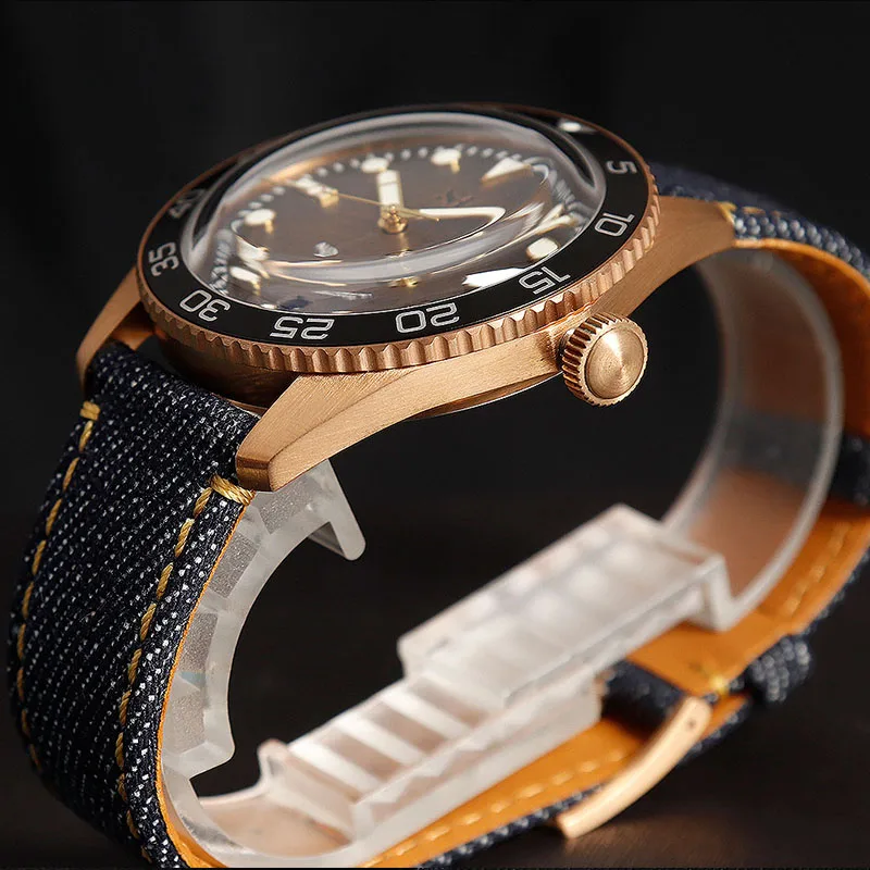 SH Bronze Men Watch Automatic PT5000 SW200 Sapphire Domed Crystal Wood Grain Dial Leather Strap 42mm 10 ATM Waterproof