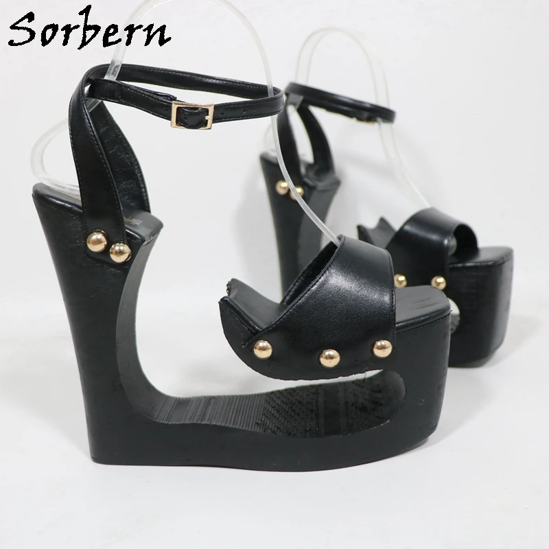 Sorbern الأسود الجوف خارج إسفين النساء الصنادل Slingback أحذية الصيف إسفين عالية الكعب مخصص الألوان الذهب المسامير #4