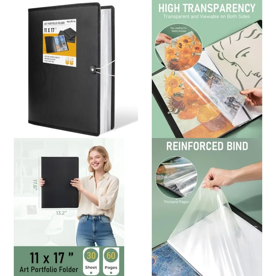

Портфолио для художественных работ 11x17, улучшенная большая папка-портфолио для произведений искусства с 30 карманами, 60 страниц, папка-презентер с 30 отделениями