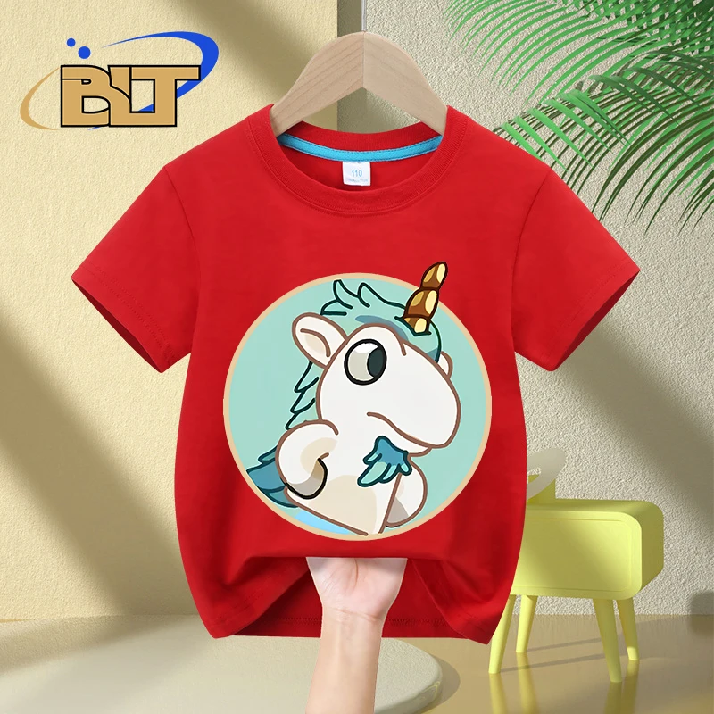 T-shirt à Manches Courtes en Coton pour Enfant, Vêtement Décontracté avec Imprimé de Dessin Animé et Trou de Licorne Mignon, pour Garçon et Fille