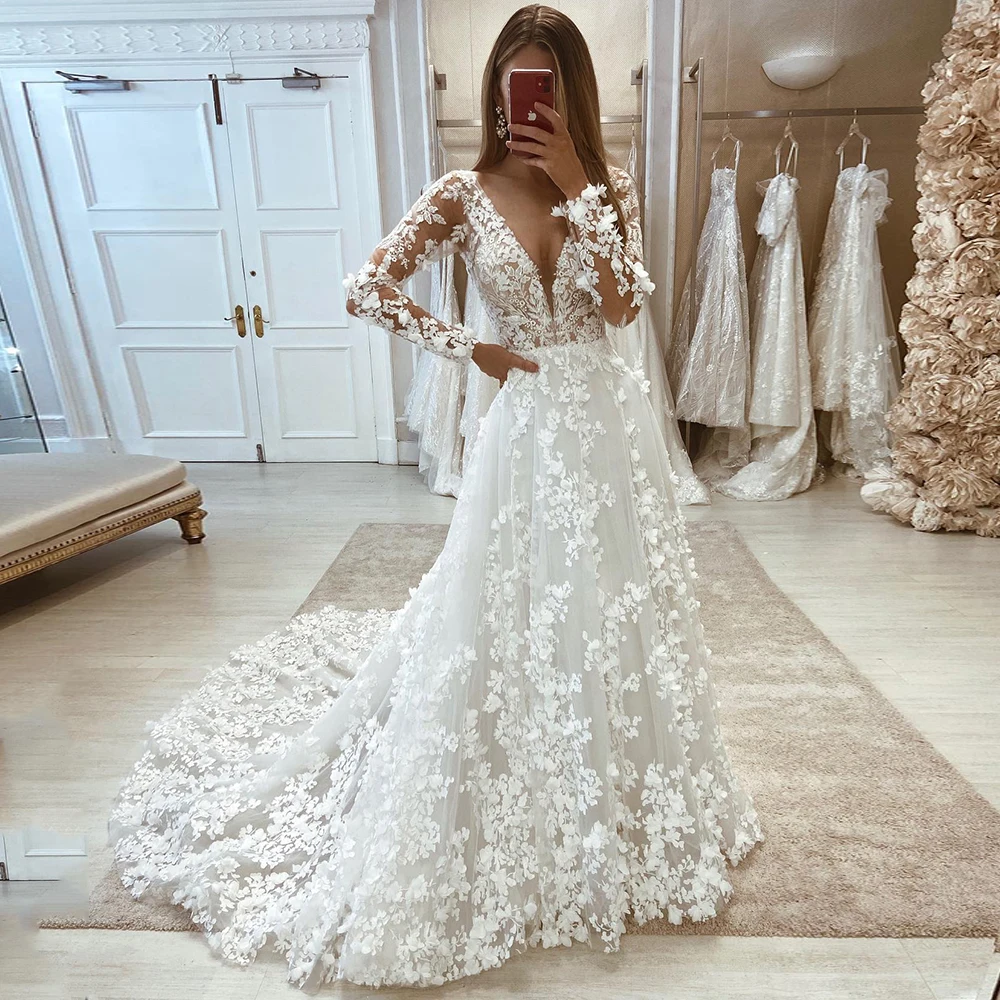 Luxury Wedding Dress For Women 2023 V-Neck Long Sleeves Lace Wedding Gowns Boho A-Line Sweep Train Bride Dress vestidos de novia