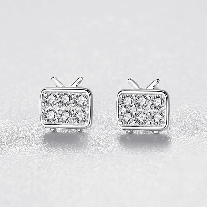 أقراط تلفزيون مطلية بالروديوم اللطيفة من الفضة الإسترليني S925 للفتيات