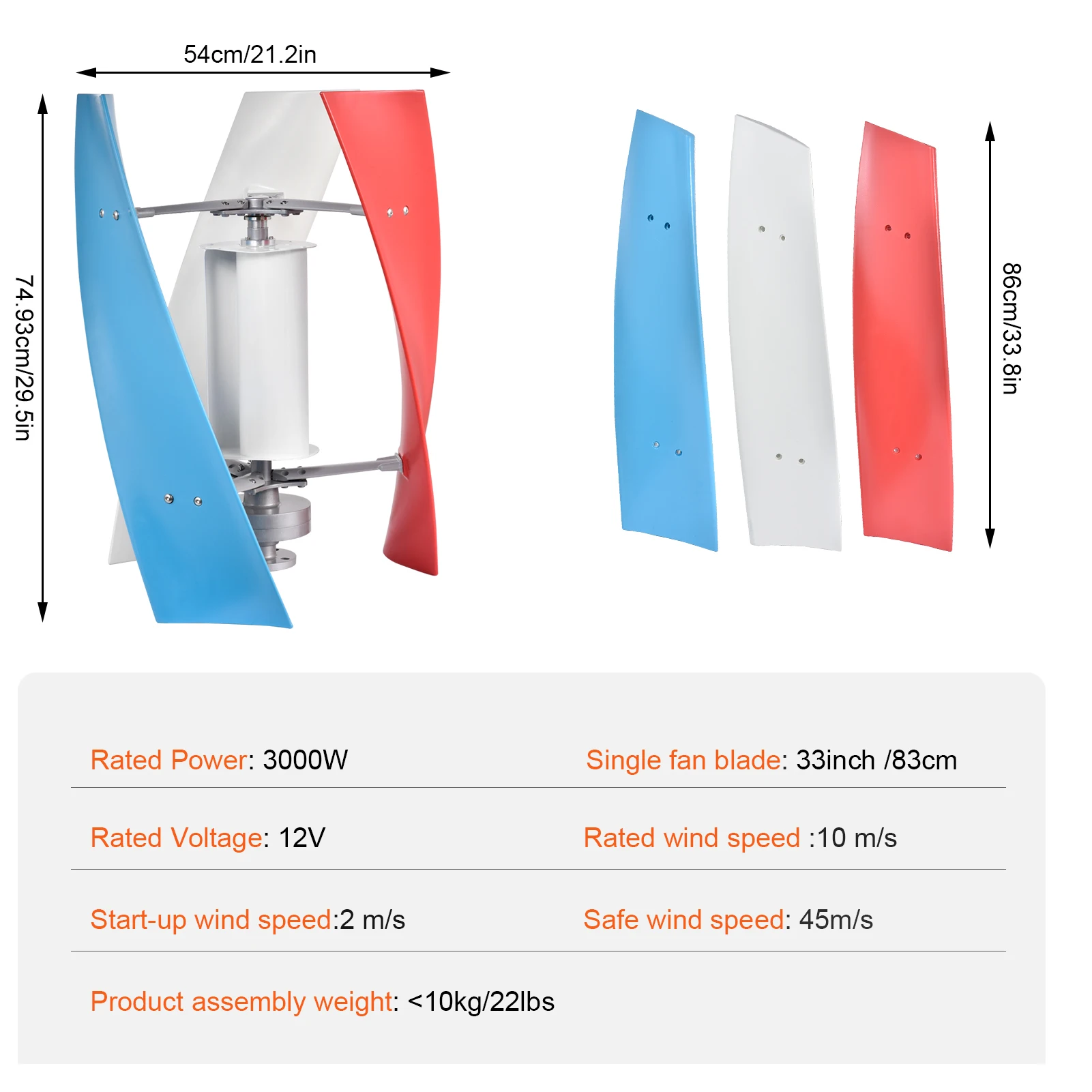 Vertical Axis Wind Turbine Generator 12V 24V 3-Blade Small Quiet Windmill Kit with Overload Protection for Home Boat Farm RV Cabin Terrace
