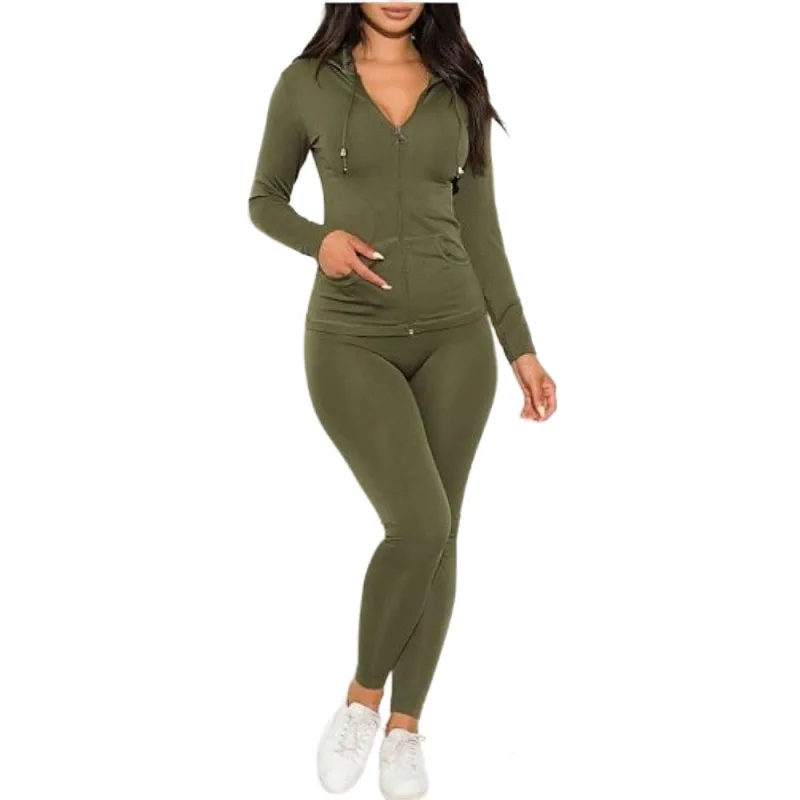 

Two Piece Set Women Autumn Sportwear Top + Pant Suit Sexy Solid Color Hooded Zipper Pocket Sporty Stretchy Outfits