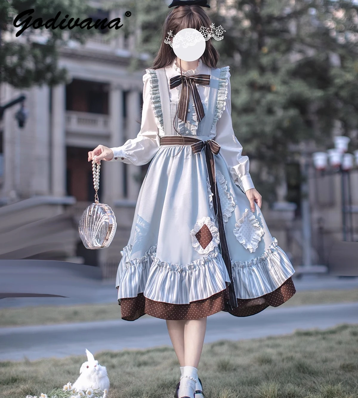 Original Lolita Academy Style Dress Set New Autumn Women's Elegant Bowknot Long Sleeve Shirt Ruffled Tank Dress Retro Outfits