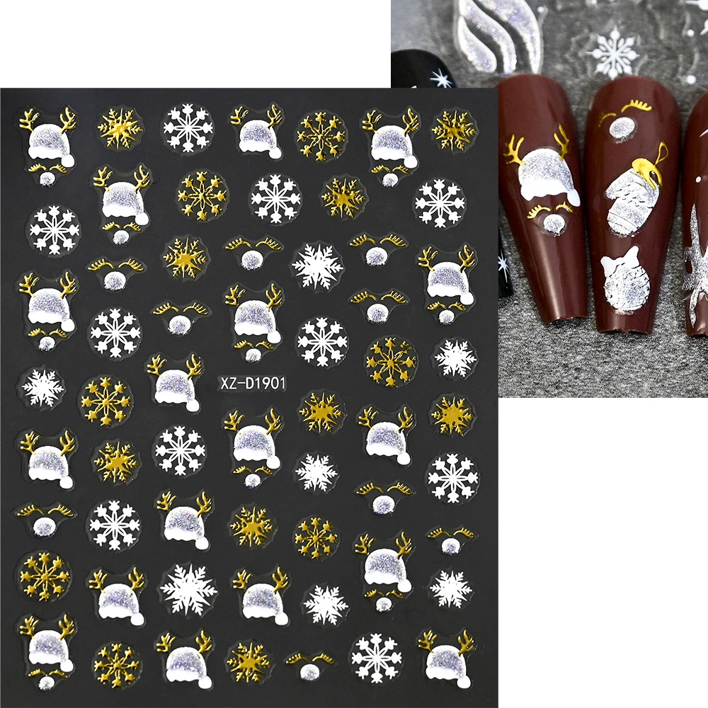 12 Stücke Silber Glitter Weihnachten Nagelaufkleber 3D Winter Schneeflocke Elch Weihnachtsmann Klebeschieber Weihnachten Abziehbilder Nageldekoration