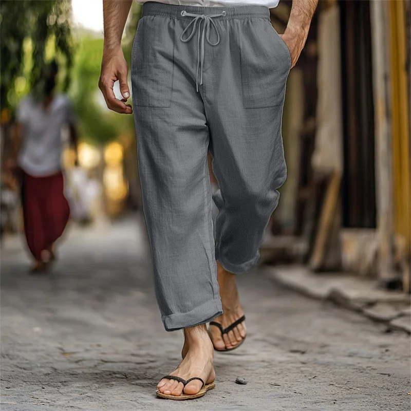 spring summer Men's Elastic waist drawstring Pocket Casual Linen Beach Pants Mens Breathable Trousers Loose straight-leg pants