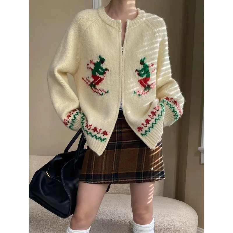 

2024 Women ONeck Knitted Sweater Two Zipper Design Long Sleeve Christmas Thick Cardigans Clothes Tops For Women Sweater