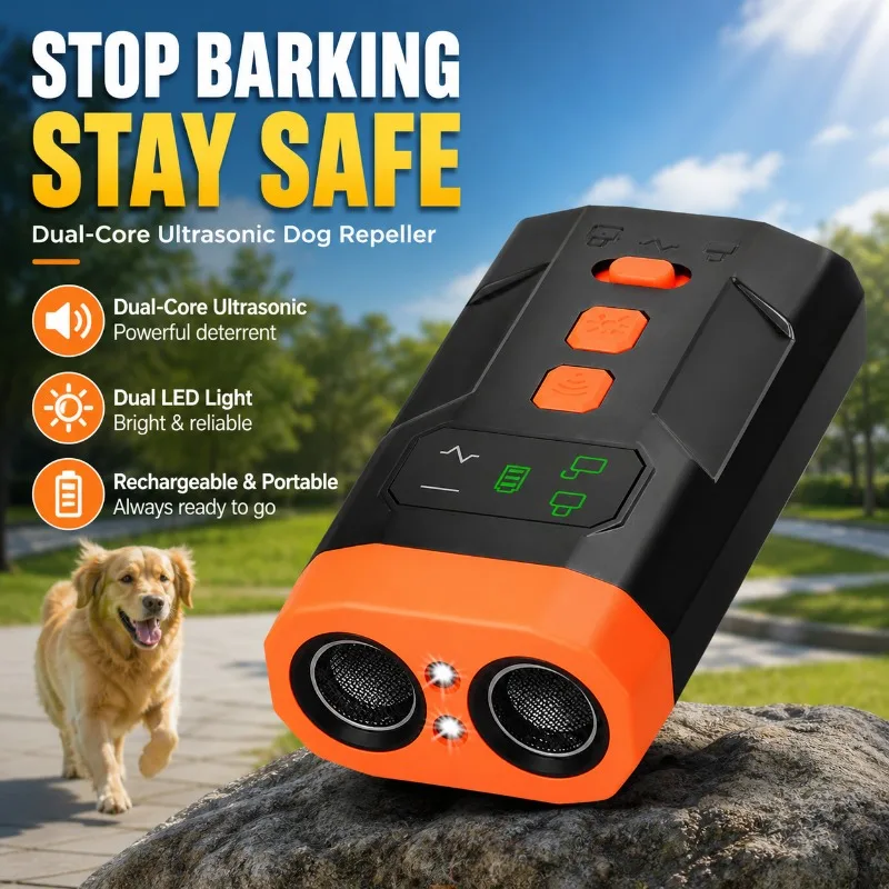 

Dual Core Long Range Ultrasonic Dog Repeller Outdoor Dual Light Emergency Lighting Portable Large Capacity Rechargeable