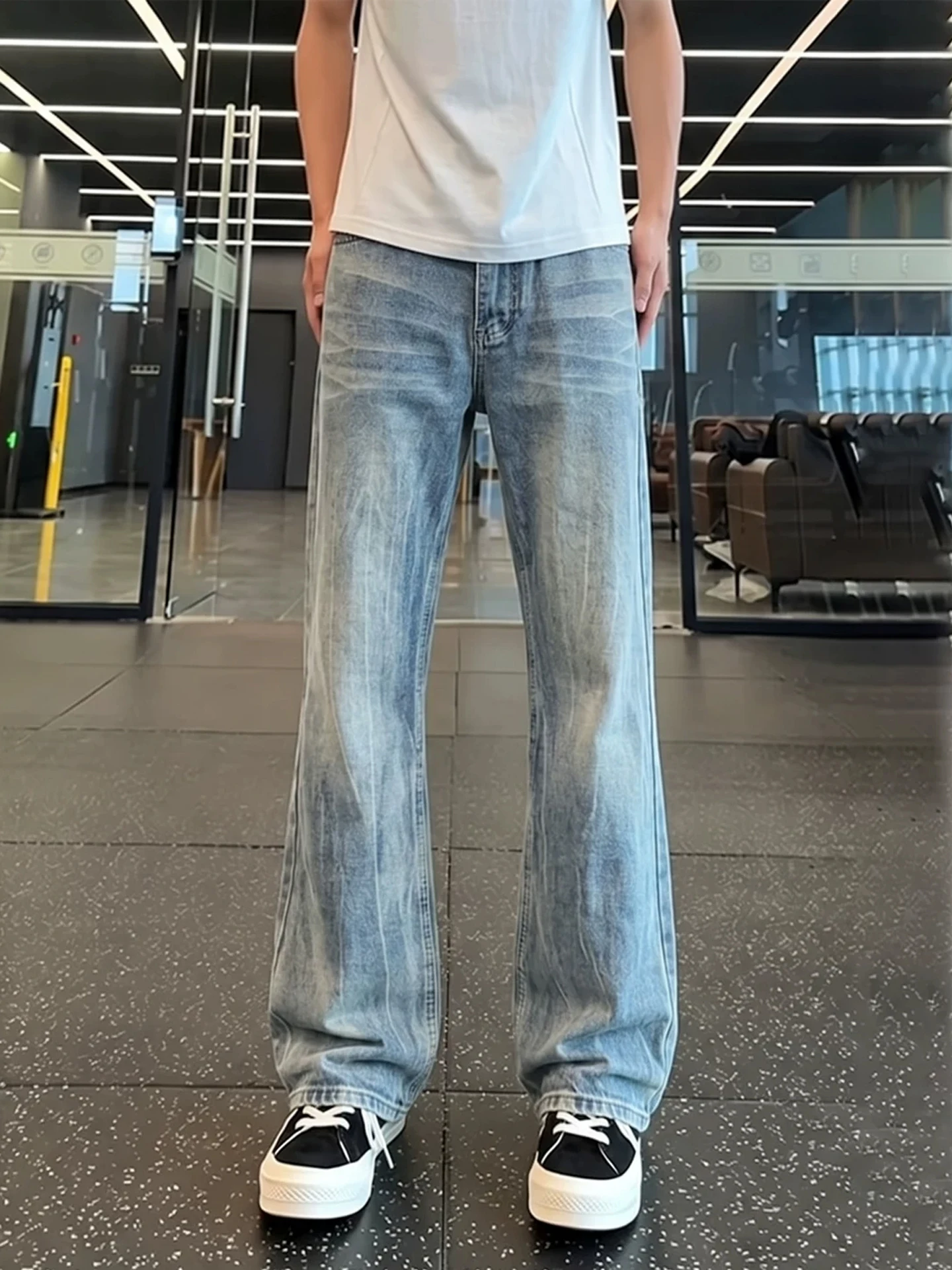 Light Blue Washed Lightning Pattern Men's Jeans Flared Straight Leg High Waist Distressed Denim Casual Straight Fit Trousers