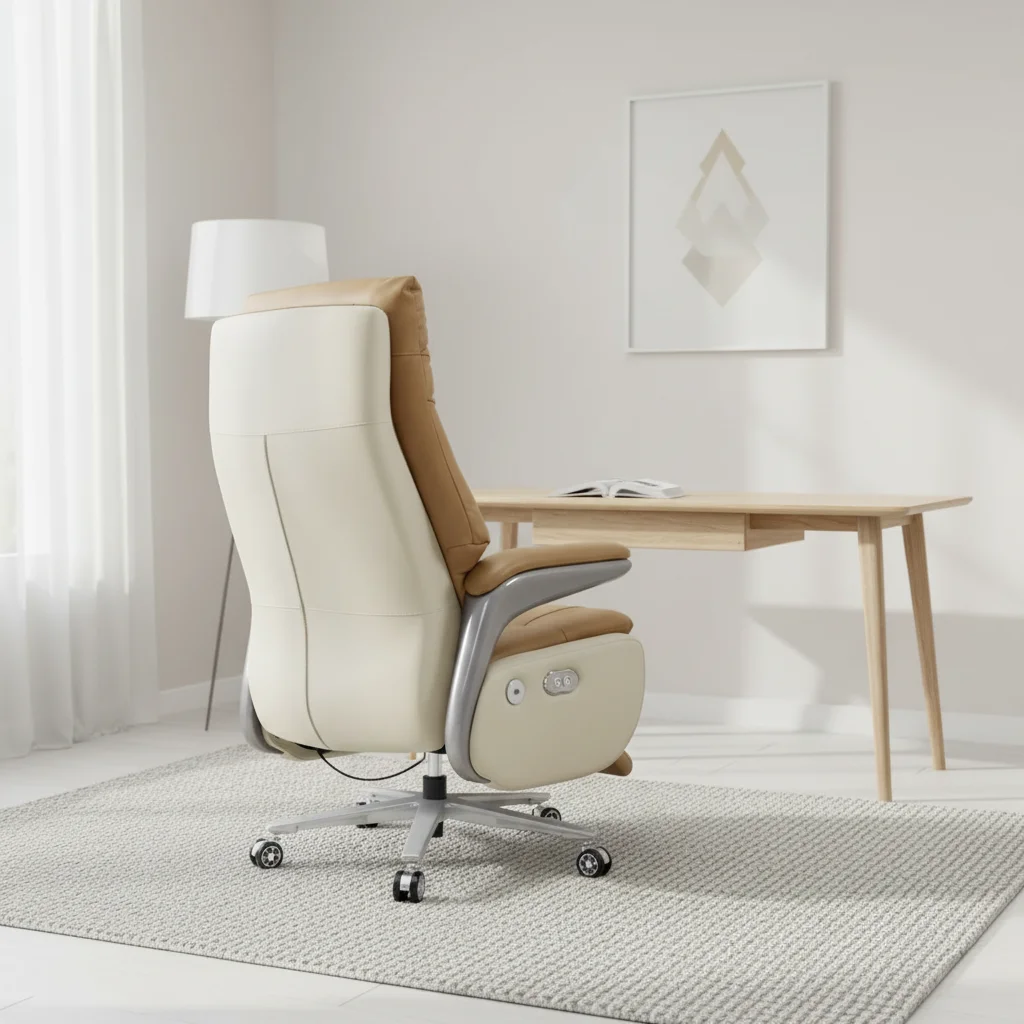Modern light-colored executive leather office chair | Ergonomic swivel chair, fixed armrests, waist massage, suitable for home