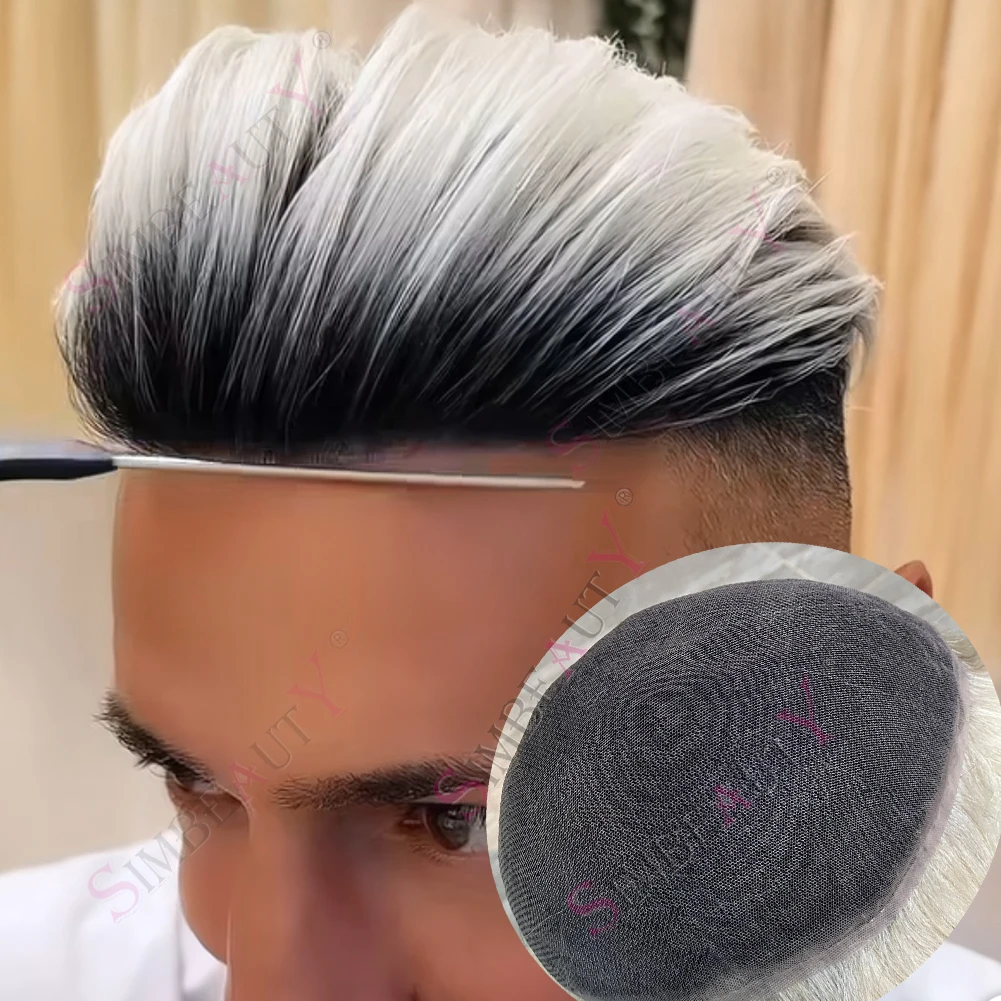 

Natural Hairline 1BT60R Men's Full Swiss HD Lace Wig 100% Human Hair Ombre Platinum Blonde White Super Durable Toupee System