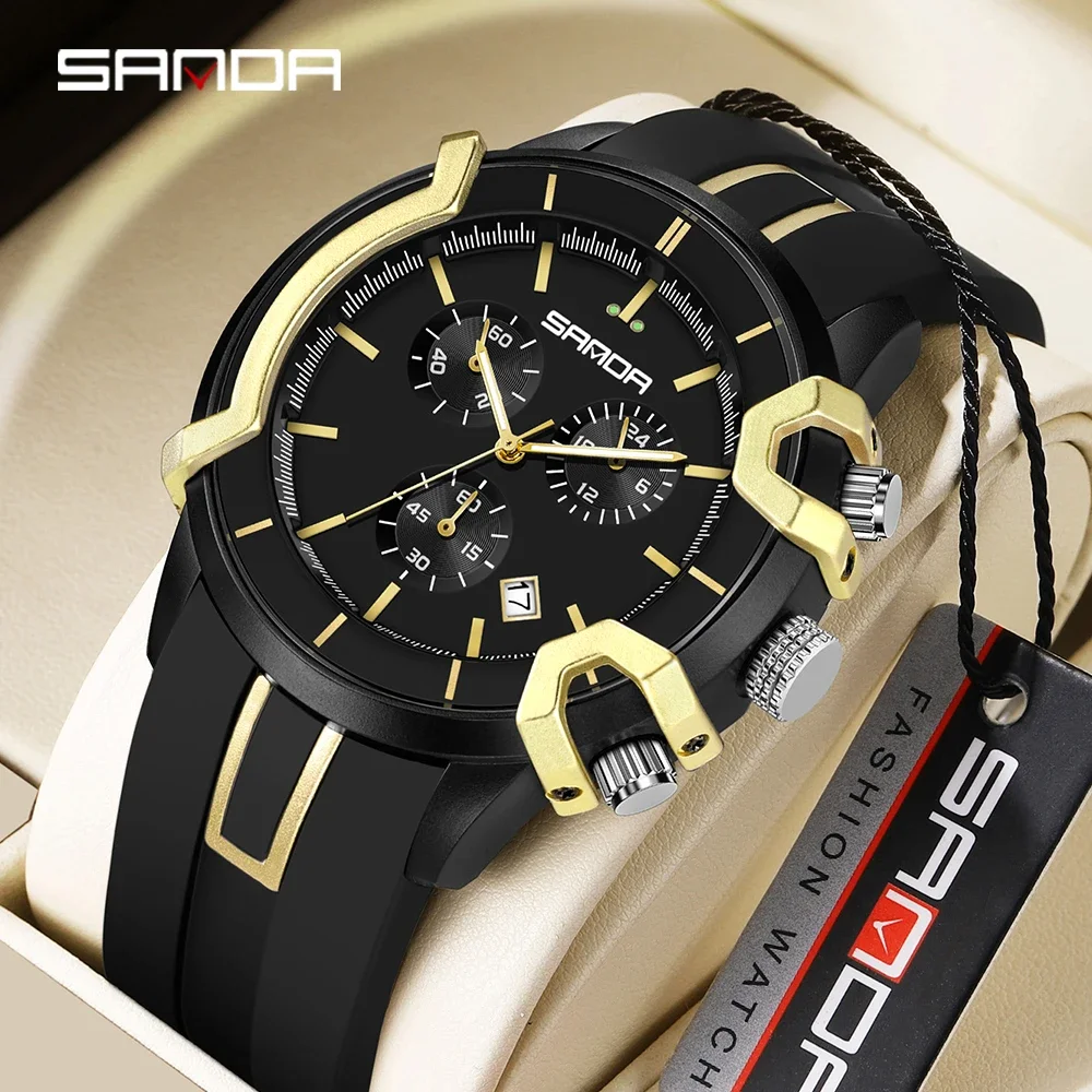 

SANDA 9017 New Fashion Men's Electronic Quartz Watch Multi functional Three Eyes Six Needle Cool Waterproof Calendar Watches