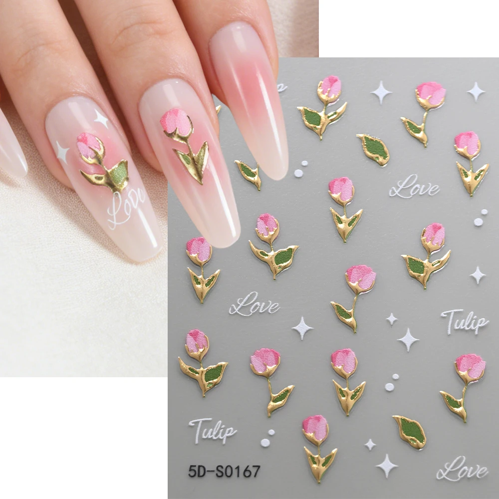 

1pcs 5D Bronzing Gold Sweet Tulip Flower Nail Sticker Cute Pink Floral Nail Decals 8*10cm Self-Adhesive Tulip Nail Art Supplies