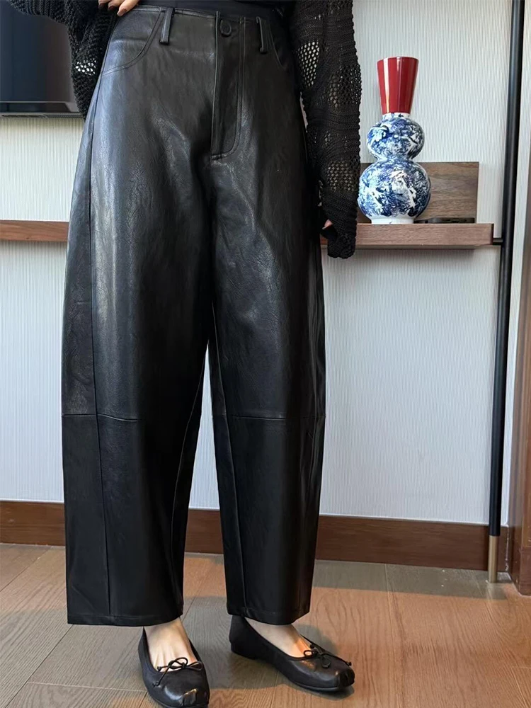 SiYu High Waist Leather Pants Women's Casual Style Fashionable Straight Leg Long Trousers Autumn Winter New Arrival