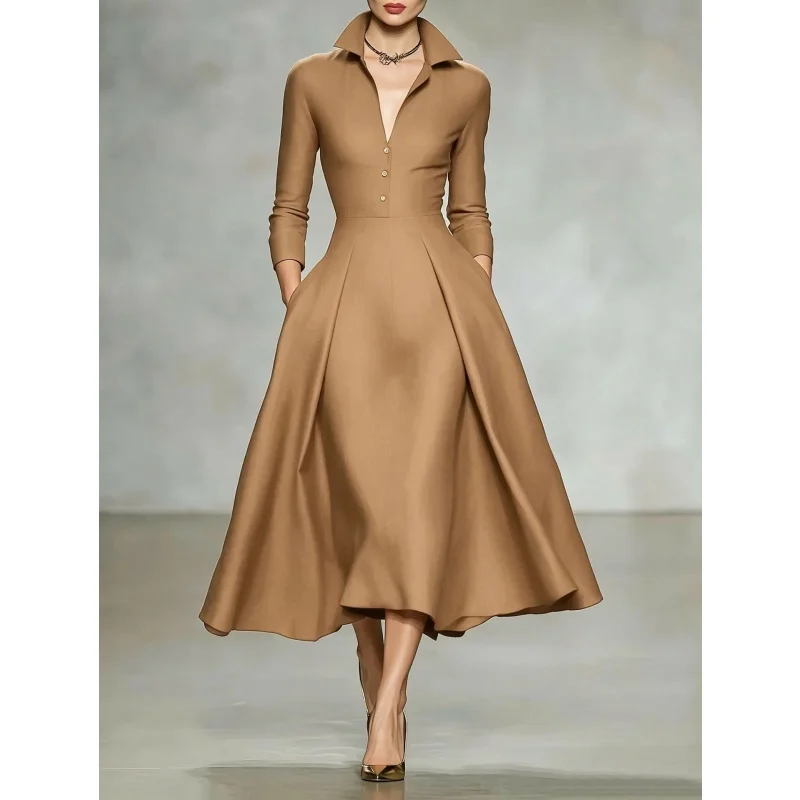 Elegantes Damen-Midikleid mit Hemdkragen, langen Ärmeln, V-Ausschnitt, Knopfleiste vorne, A-Linien-Schnitt, ausgestellter Rock und Taschen – ideal für Büro, Party oder formelle Anlässe. – Detail 2