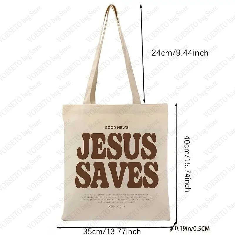 Cood News Jesus Saves Pattern Canvas Shoulder Tote Bags Casual Shopping Tote Christ Religion Christian Faith Shopper HandBag