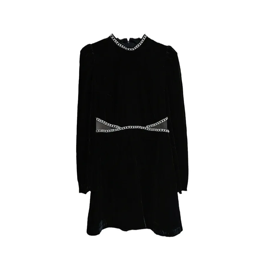 Petite robe noire élégante en velours Hepburn pour femmes, avec perles et strass, col rond, manches bouffantes, taille découpée, vêtements pour femmes