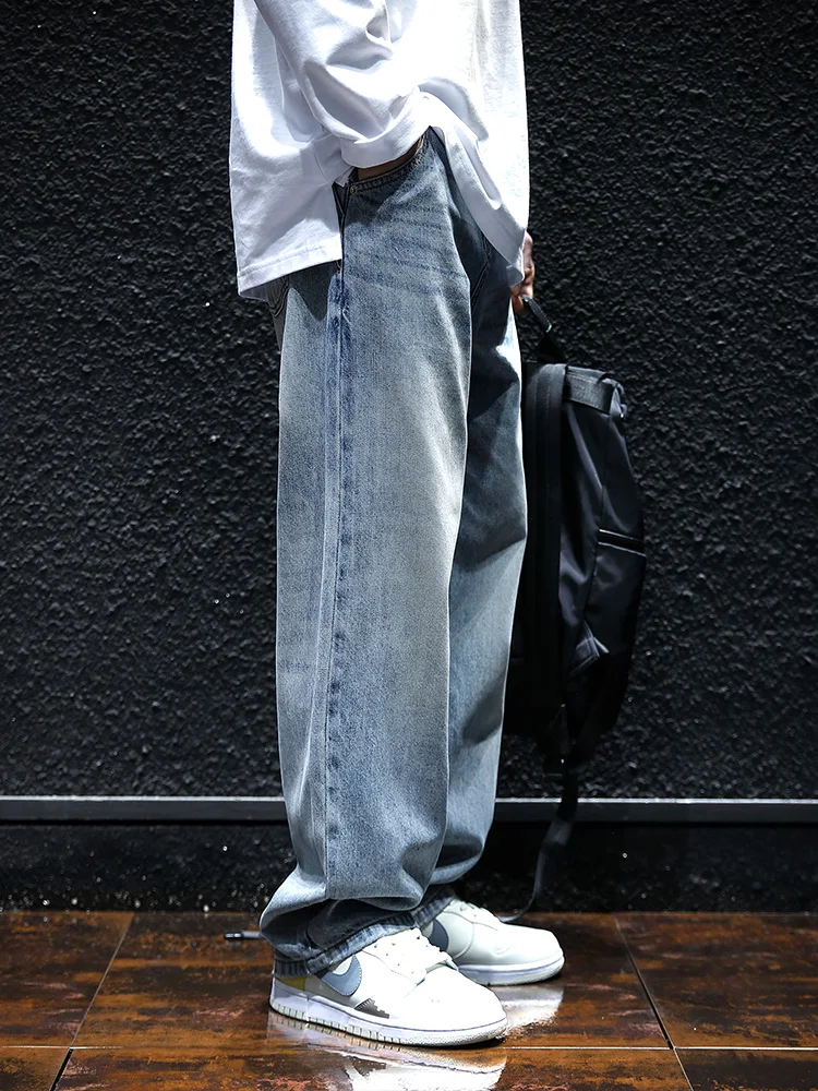 Light Wash Straight Leg Men's Jeans Autumn Loose Trendy Pants Spring Autumn Men's Wide Leg Jeans Casual Wear Durable Cotton B...